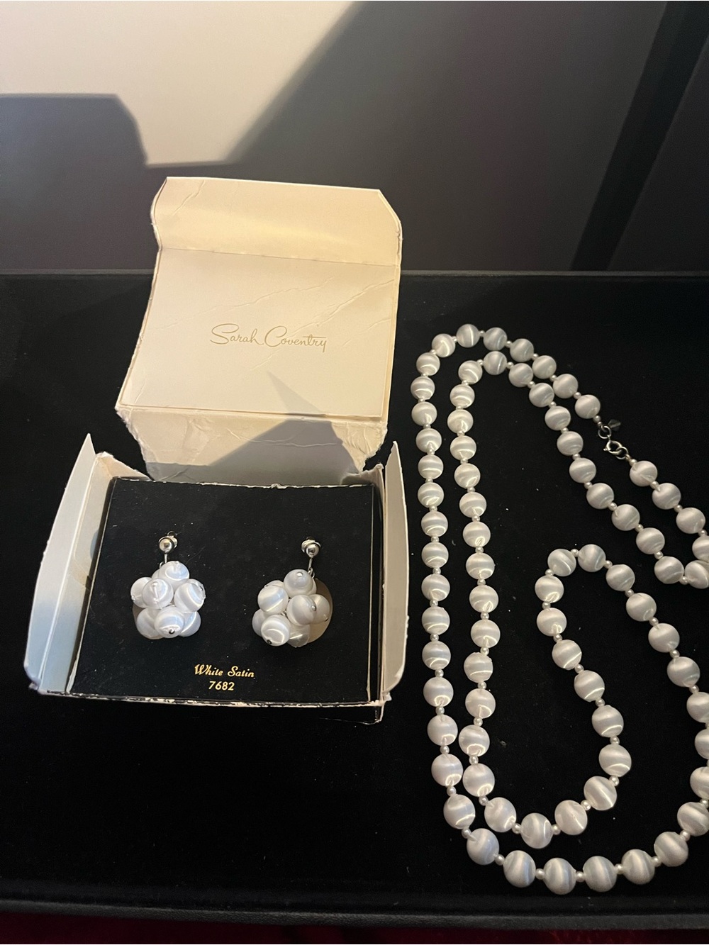 Sarah Coventry White Satin Beaded Necklace with Floral Cluster Clip-On Earrings
